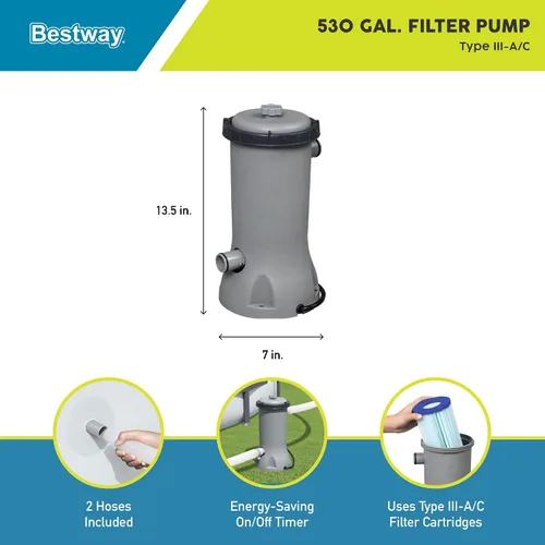 Vista 2 de Bestway Flowclear - Cartucho de bomba de filtro de agua para piscina sobre el suelo, 530 galones por hora, 120 voltios con temporizador de apagado