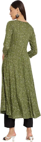 Vista 4 de Tissu Kurta 2101 estampado floral de rayón verde y negro para mujer