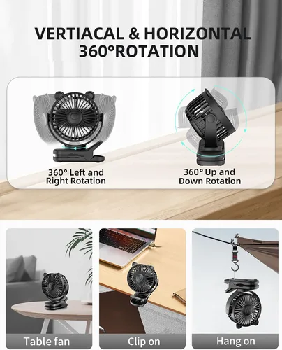 Vista 4 de GOTOTO Ventilador de clip, ventilador pequeño personal portátil recargable con batería de 2000 mAh, potente diseño de clip, 3 velocidades de viento
