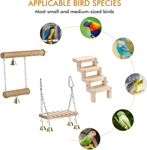 Vista 6 de Juguetes para columpio y perca para jaulas de pájaros, hamaca colgante, escalera de escalada, perca de pie Se adapta a periquitos, conures