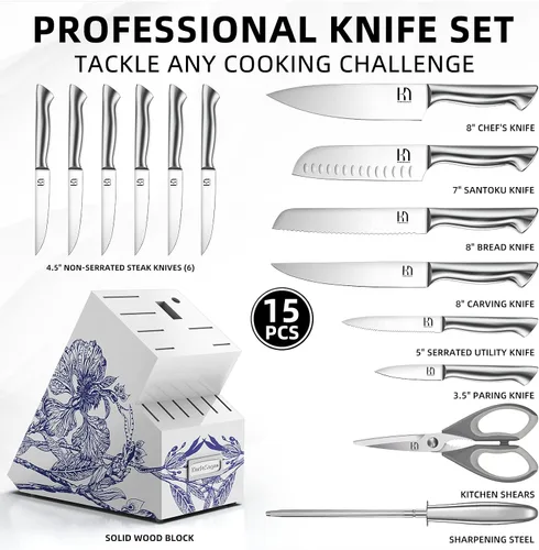 Vista 6 de Juego de cuchillos de cocina KnifeSaga - Juego de bloque de cuchillos Phantom Iris X5 - Rendimiento de primer nivel, juego de 15 piezas de cuchillos
