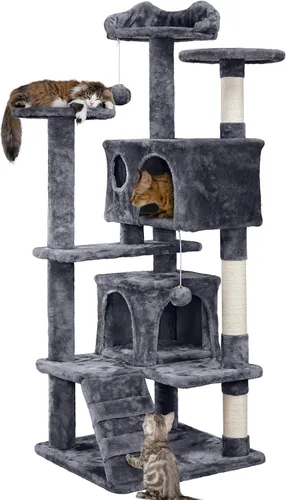 Vista 13 de Yaheetech - Torre de árbol para gatos de 62 pulgadas, torre para gatitos de interior, muebles para mascotas con doble refugio, postes para rascar