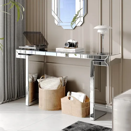 Vista 15 de Mesa consola con espejo de 55 pulgadas, mesa larga para sofá de sala de estar, oficina, detalles de cristal de diseño hexagonal, moderno escritorio