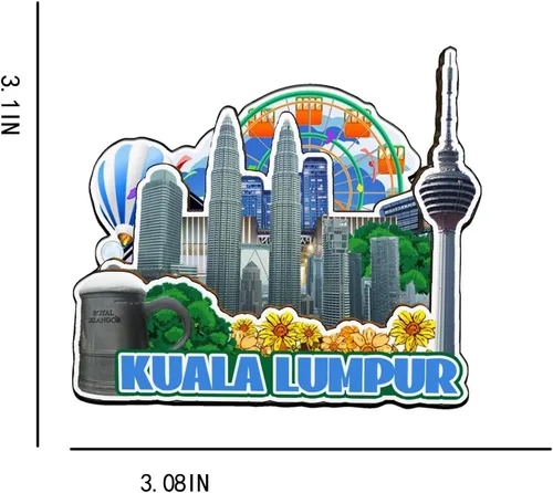 Vista 3 de Imán de nevera con imán de Kuala Lumpur Malasia 3D, monumentos de madera, recuerdos coleccionables, decoración hecha a mano -2509
