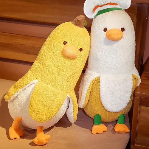 Vista 6 de PEACH CAT Lindo Pato de Plátano Peluche Animal de Peluche Pato Chef de Plátano Largo Almohada de Felpa para Niñas y Niños Blanco 12 pulgadas