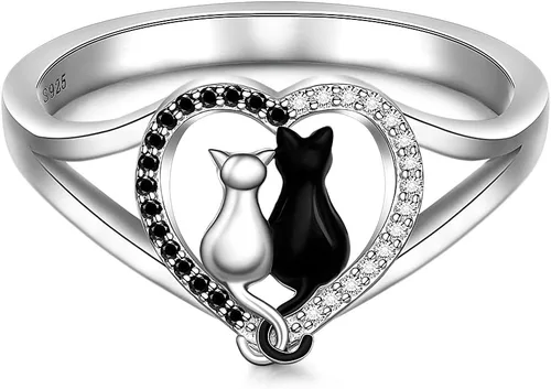 Vista 10 de Anillos de gato negro para mujer, diseño de árbol de la vida, joyería de Plateado