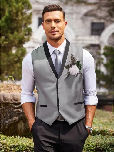 Vista 2 de COOFANDY Chaleco de traje para hombre, ajustado, formal, de negocios, chaleco casual para boda