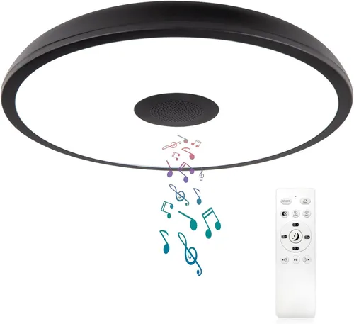 Vista 12 de Lámpara de techo LED inteligente impermeable de montaje empotrado, con altavoz Bluetooth, 28 cm, 18 vatios, lámpara de música regulable, luz RGB