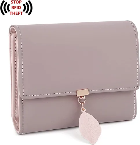 Vista 130 de UTO - Cartera pequeña RFID de piel sintética con dije de hoja, cierre de cremallera y tarjetero.