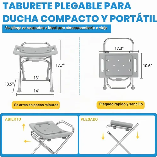 Vista 5 de Medhelp - Silla de ducha plegable para ducha interior, taburete de ducha plegable de acero inoxidable, asiento de ducha plegable portátil de 400