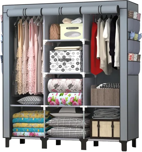 Vista 9 de Armario portátil con 10 estantes de almacenamiento y 2 postes para colgar, 18 bolsillos laterales no tejidos, tamaño 51.2 x 17.7 x 67.7 in, Beige