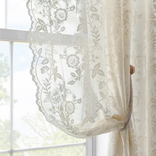 Vista 16 de FINECITY 2 paneles de cortinas de encaje beige de 36 pulgadas de largo con hojas florales rústicas, cortinas cortas y transparentes para ventana
