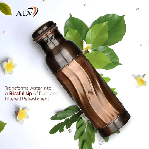 Vista 3 de ALV - Botella de agua de cobre de 34 onzas, botella de cobre puro martillado para beber, recipiente ayurvédico 100% para botella de tapa a prueba