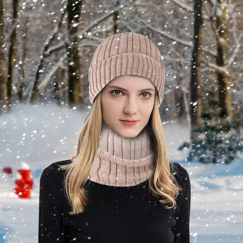 Vista 7 de Conjunto de gorro de invierno para hombre y mujer, gorro de punto holgado, gorro de calavera con puños acanalados, gorro térmico elástico