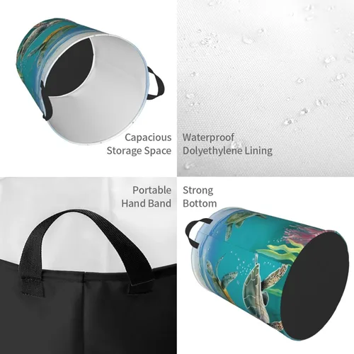 Vista 4 de Cesta circular con estampado de tortugas marinas y peces impermeable, cesta organizadora de lavandería, con asas, para ropa, juguetes, pequeña