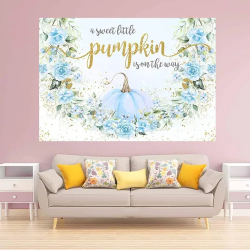 Vista 3 de Avezano Telón de fondo de calabaza azul para baby shower para niño, decoración de fiesta de otoño con texto en inglés "A Little Pumpkin Is On The