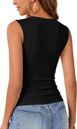 Vista 5 de Vrtige Camiseta sin mangas sexy con cuello redondo para mujer, de punto acanalado, sin mangas, ajustada