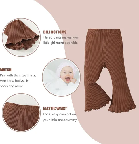 Vista 3 de SOBOWO Pantalones acampanados para bebé, paquete de 3 unidades para niña pequeña, color liso, acanalado, con volantes, pantalones acampanados