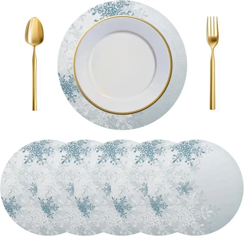 Vista 19 de Juego de 6 manteles individuales redondos, copos de nieve sobre rojo oscuro, resistentes al calor, para mesa de comedor, decoración de Navidad