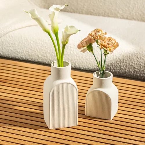 Vista 3 de Ceramic Ribbed Vases - 2 Piece Set, Small and Large Vase, Bottle Flower Planter Set. Scandi Style Home Decor. Neutral Cream Home Decor, Coastal