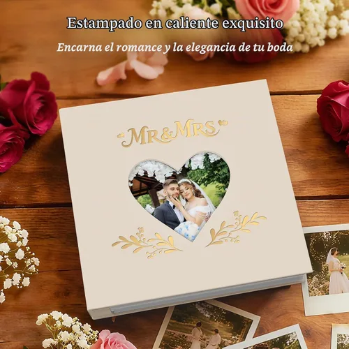 Vista 5 de Álbum de fotos de boda de 4 x 6 pulgadas con 400 bolsillos, libro de recuerdos de cuero beige grabado personalizado para compromiso, despedida