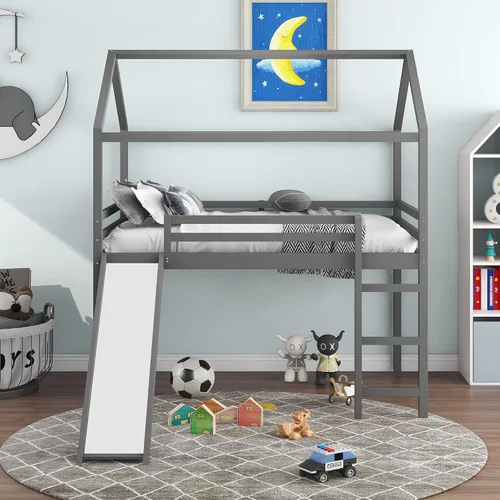 Vista 3 de Harper & Bright Designs Cama alta de tamaño matrimonial con tobogán, cama alta de madera, marco de cama tipo loft con techo y barandilla, cama alta
