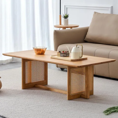 Vista 14 de Mesa de centro de madera de mediados de siglo con soporte de ratán de polietileno, mesa de café redonda de madera maciza de 33.45 pulgadas, mesa
