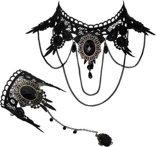 Vista 11 de Eigso Gargantilla de encaje retro estilo gótico vintage con colgante de cadena de cuentas, vampiro para mujer A2: negro
