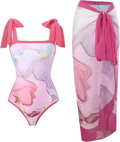 Vista 8 de Women Swimsuits Abstract Printing Notched Square/V Neck Floral Vacation One Piece with Cover Up