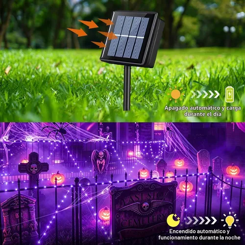Vista 2 de YEGUO Paquete de 4 luces solares de Halloween de 33 pies, 100 luces LED moradas de Navidad impermeables para exteriores, 8 modos de luces solares