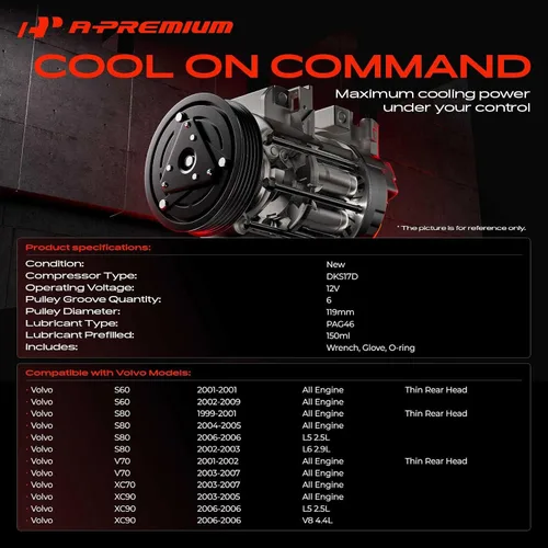 Vista 2 de A-Premium Compresor de A/C con embrague compatible con Volvo XC90 2003-2006, S60 2001-2009, XC70 2003-2007, S80 1999-2006, V70 2001-2007