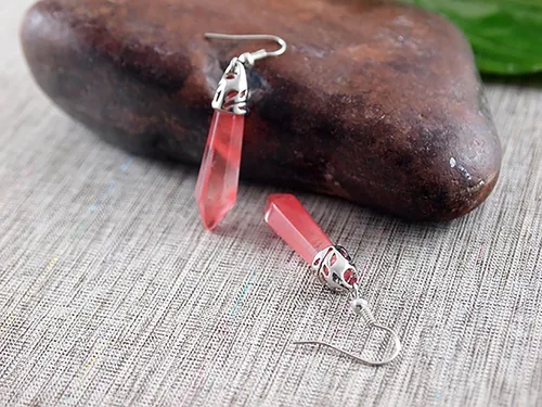 Vista 7 de Aretes de cuarzo rosa, piedra rosa natural, plata, gota y colgante, cristal real colgante, joyería hecha a mano, hipoalergénica, piedra de amor