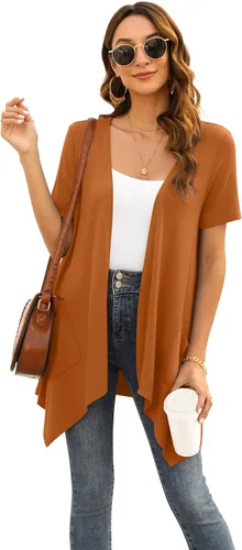 Vista 3 de Cárdigan floral de manga corta para mujer, casual, drapeado, frente abierto, ligero, cárdigan de verano con bolsillo, dobladillo alto y bajo