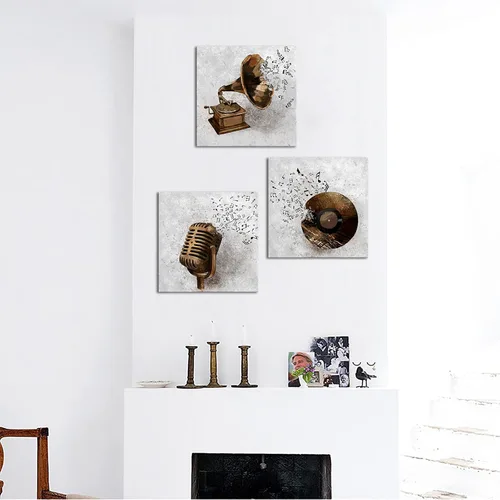 Vista 2 de Derkymo 3 piezas de lienzo de música vintage, arte de pared, grabación, fonógrafo, micrófono, pintura, impresiones de notas musicales voladoras