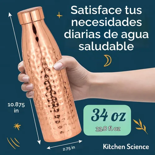 Vista 9 de Kitchen Science - Botella de agua de cobre martillado de 34 onzas con bolsa de transporte, a prueba de fugas, resistente, botella ayurvédica