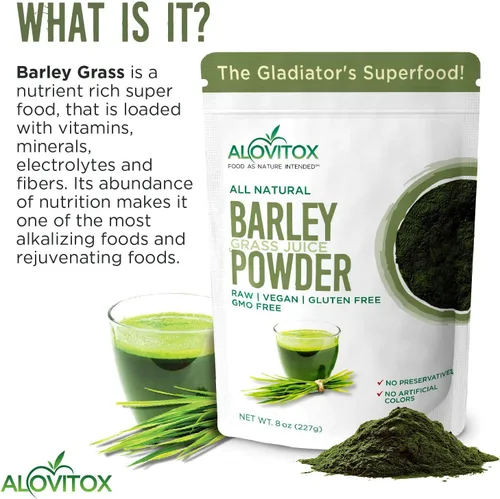 Vista 4 de Alovitox Jugo de hierba de cebada orgánica en polvo de 8 onzas, antioxidante e inmunitario, desintoxica y nutre, todo natural, sin gluten, sin OMG