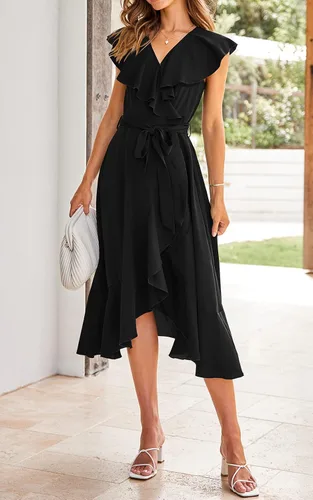 Vista 3 de PRETTYGARDEN Vestido midi cruzado de verano para mujer, casual, bohemio, cuello en V profundo, manga corta, dobladillo con volantes, vestido largo