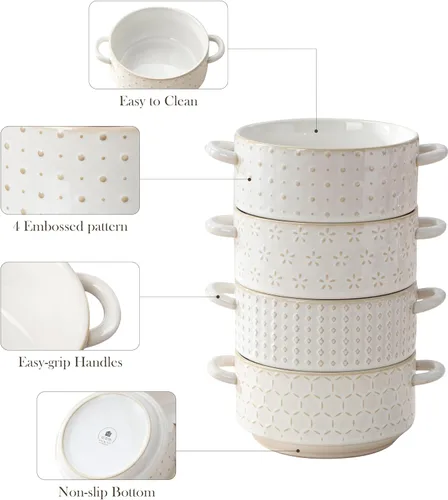Vista 5 de MALACASA Juego de 4 cuencos de cerámica de 20 oz con asas – Cuencos de sopa de cebolla francesa aptos para horno y microondas, patrones únicos