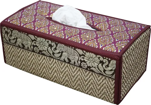 Vista 3 de Elegante estuche para caja de pañuelos hecho a mano con caña, 100% algodón, con funda de raso y dispensador, fabricado con materiales naturales B