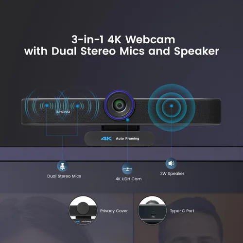 Vista 3 de Cámara web 4K 3 en 1 con micrófonos y altavoz, cámara web 4K con seguimiento automático AI, zoom digital 5X, campo de visión ajustable, control