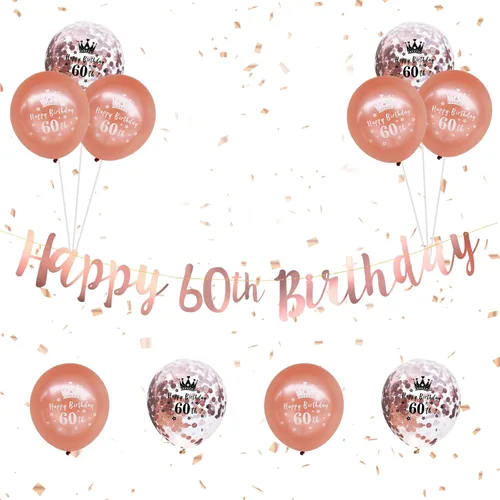 Vista 8 de Kit de decoración de cumpleaños número 60, 16 piezas de decoraciones de cumpleaños de oro rosa negro con banderines de feliz cumpleaños 60, globos