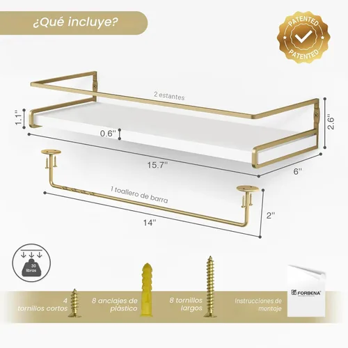Vista 3 de Forbena - Estantes flotantes de baño montados en la pared, estantes blancos y dorados estéticos para accesorios de baño, organizador de baño moderno
