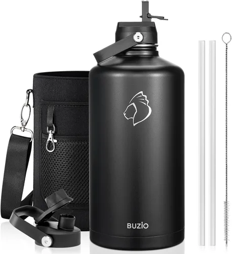 Vista 97 de BUZIO Botella de agua aislada de 24 oz, frasco de agua de boca ancha de acero inoxidable con tapa de pajita, frío durante 48 horas a prueba de Negro