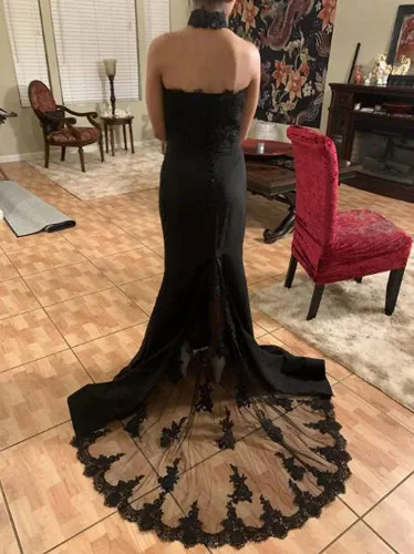 Vista 6 de Vestido de dama de honor de sirena con cuello para mujer, vestido de fiesta largo de encaje, Rosado