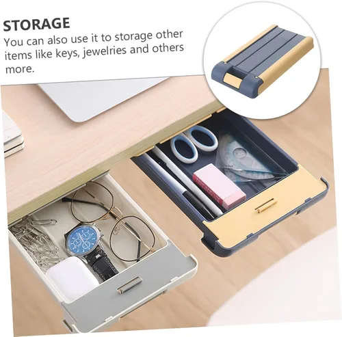 Vista 6 de EXCEART Caja de almacenamiento con cajón, cajón de almacenamiento oculto, cajón de mesa oculto, bandeja de cajón autoadhesiva, bandeja para lápices