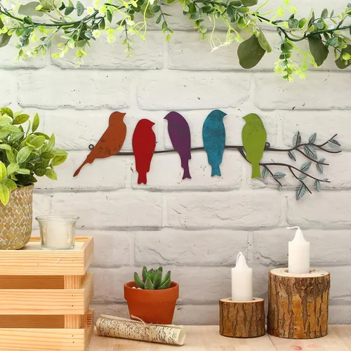 Vista 10 de Ferraycle Arte de pared de pájaro de metal, pájaros en rama con hojas, letrero de metal para colgar en la pared para balcón, jardín, decoración