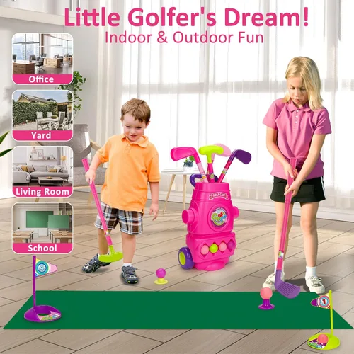 Vista 5 de AugToy Juego de golf para niños pequeños, palos de golf mejorados con 4 pelotas, 2 agujeros de práctica y 1 tapete de putt, juguetes deportivos