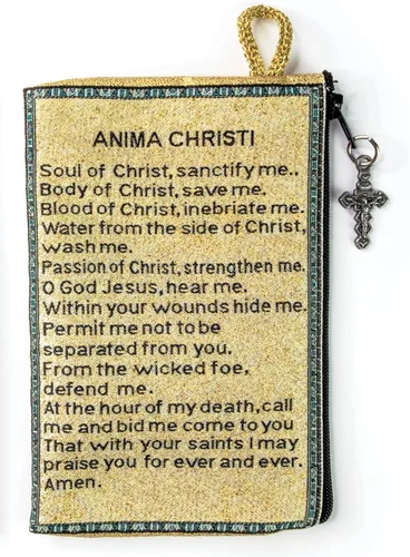 Vista 3 de Bolsa de rosario católico, crucifixión y anima Christi Alma de Cristo oración, 4 x 6 pulgadas, joyería y monedero con cruz, pequeña bolsa tejida