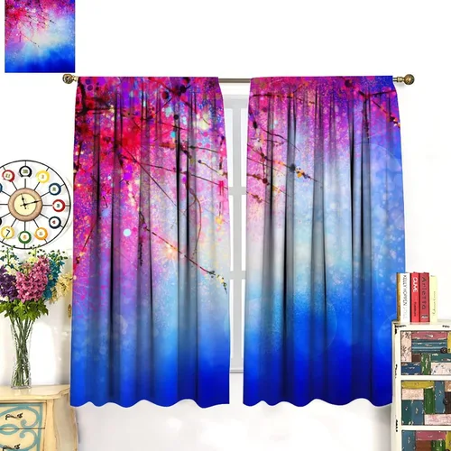 Vista 3 de Cortinas opacas con diseño floral de galaxia azul abstracta para dormitorio, cortinas de ventana de teñido anudado con diseño de flor de cerezo