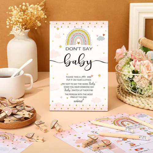 Vista 6 de Patelai 321 piezas de decoraciones de baby shower arcoíris con un pequeño rayo de sol está casi aquí, fiesta de baby shower, juegos de bingo No